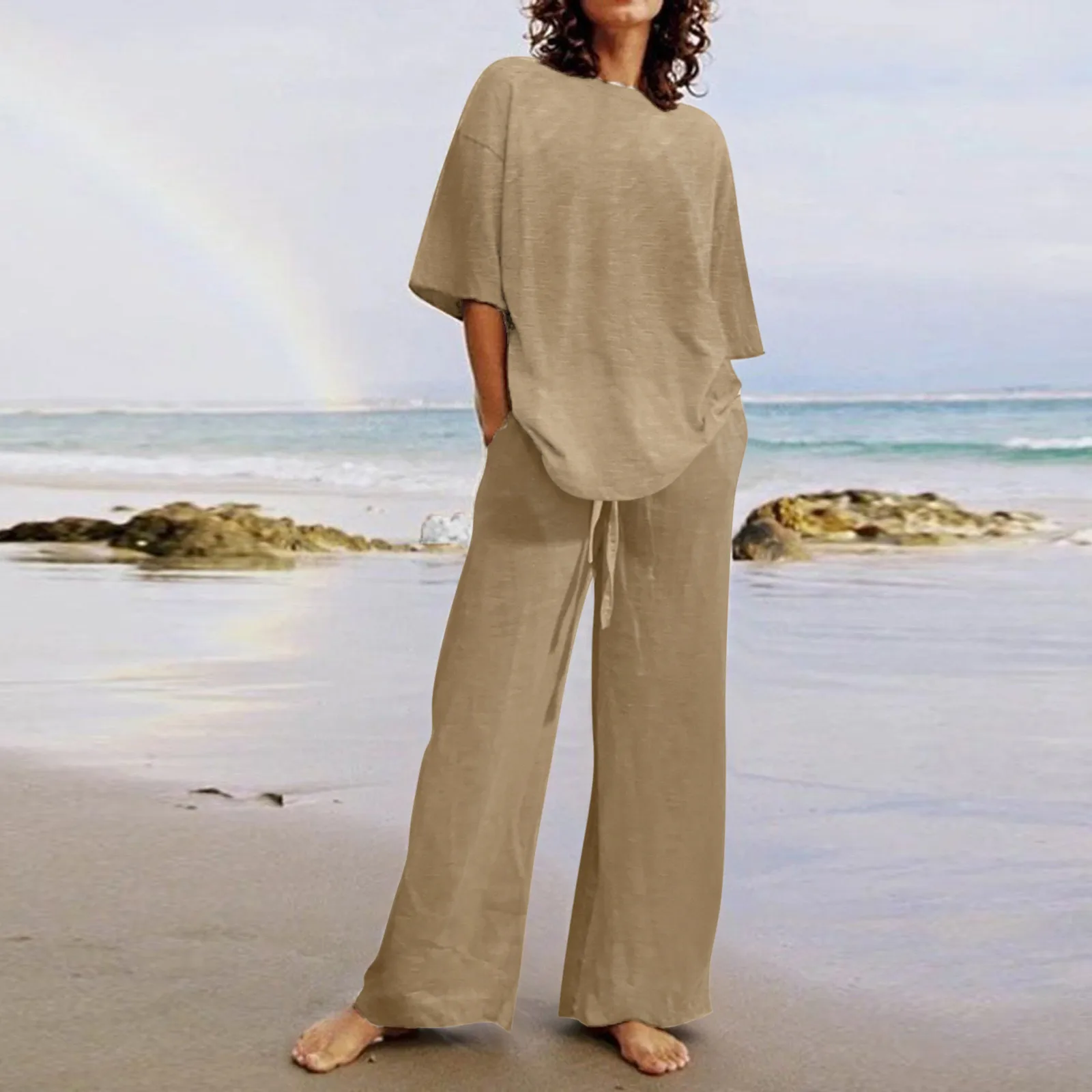 Summer Cotton Line Pant Suit for Women Casual Loose Half Sleeve O Neck Top And Wide Leg Trouser Set Daily Streetwear Plus Blusa 
Summer Cotton Line Pant Suit for Women Casual Loose Half Sleeve O Neck Top And Wide Leg Trouser Set Daily Streetwear Plus Blusa