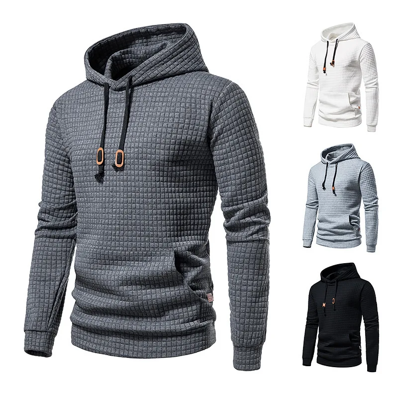 

2023 EUR Size Men's Casual Pullover Jacquard Sweater Size S-2XL Men's Plaid Quilted Cotton Fabric Hood Front Pocket Hoodies