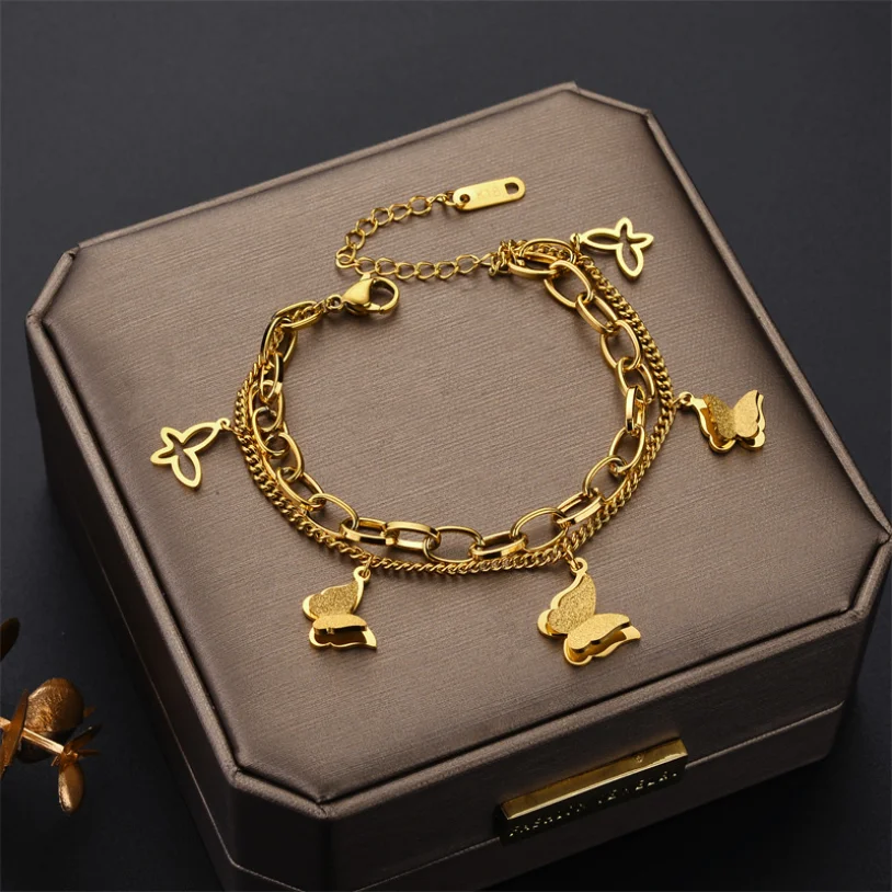 316L Stainless Steel New Fashion Upscale Jewelry Multi-element 2 Layer Frosted Butterflys Charm Chain Thick Bracelets For Women
316L Stainless Steel New Fashion Upscale Jewelry Multi-element 2 Layer Frosted Butterflys Charm Chain Thick Bracelets For Women