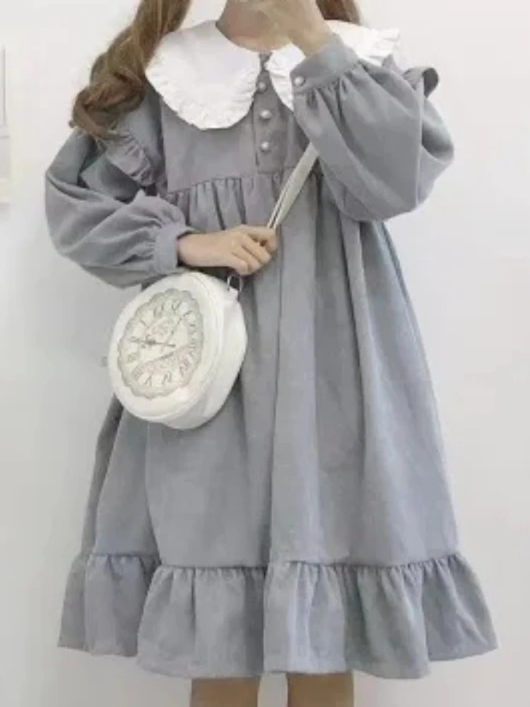 

QWEEK Sweet Kawaii Lolita Dress Ruffles Soft Girl School Student Preppy Style Cute Peter Pan Collar Party Dresses 2023 Autumn