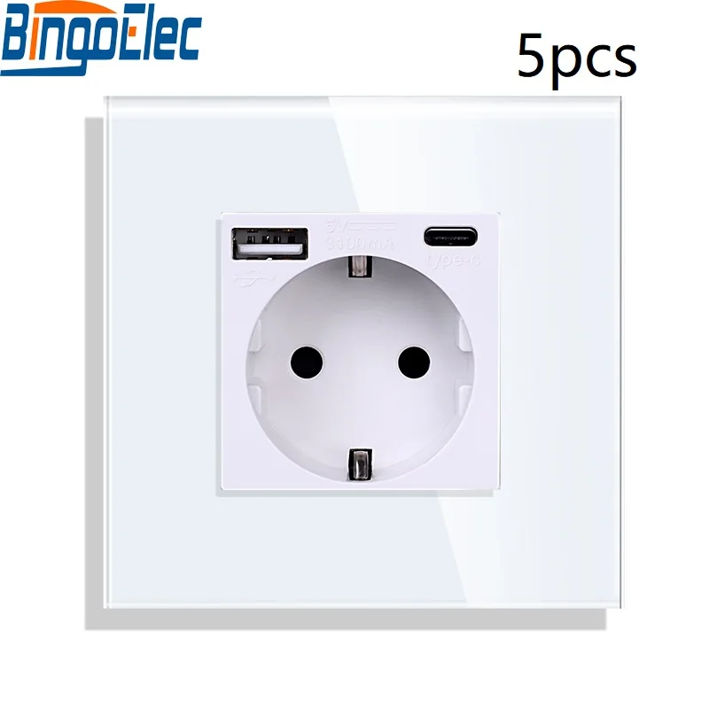

Bingoelec 5pcs Eu Power Socket With USB Charging Port 3.1A 16A White glass Panel 86mm*86mm Russia Spain Wall Socket