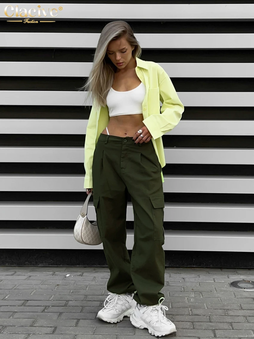 

Clacive Fashion Loose Green Cargo Pants Women Autumn Casual High Wasit Straight Trousers Streetwear Pantalones Female Clothing