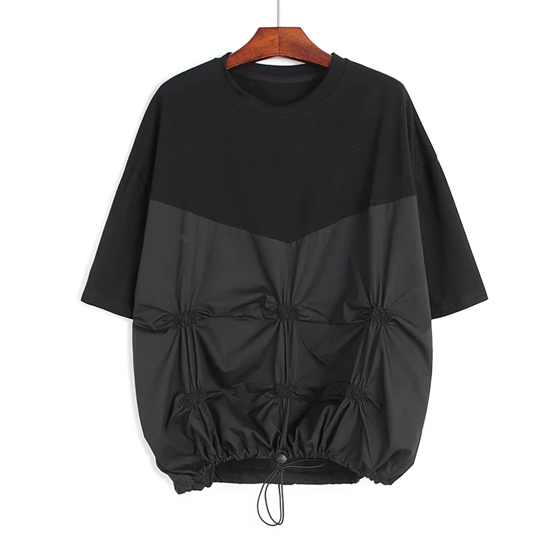 220213 Women Black Pleated Drawstring Big Size T-shirt New Round Neck Three-quarter Sleeve Fashion Fashion Tide Spring Summer 20
220213 Women Black Pleated Drawstring Big Size T-shirt New Round Neck Three-quarter Sleeve Fashion Fashion Tide Spring Summer 20