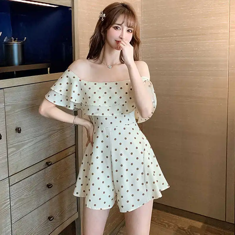 

Women 2022 Summer Off Shoulder Jumpsuit Female Casual Sexy Polka Dots Short Overalls Slash Neck Playsuit Holiday Rompers N86