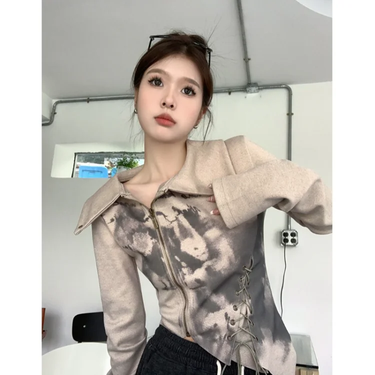 Korean Chic Graffiti Print Cardigan Mujer Spring Irregular Long Sleeve Zipper Tops Women Lace Up Turn-Down Collar Cardigans 
Korean Chic Graffiti Print Cardigan Mujer Spring Irregular Long Sleeve Zipper Tops Women Lace Up Turn-Down Collar Cardigans