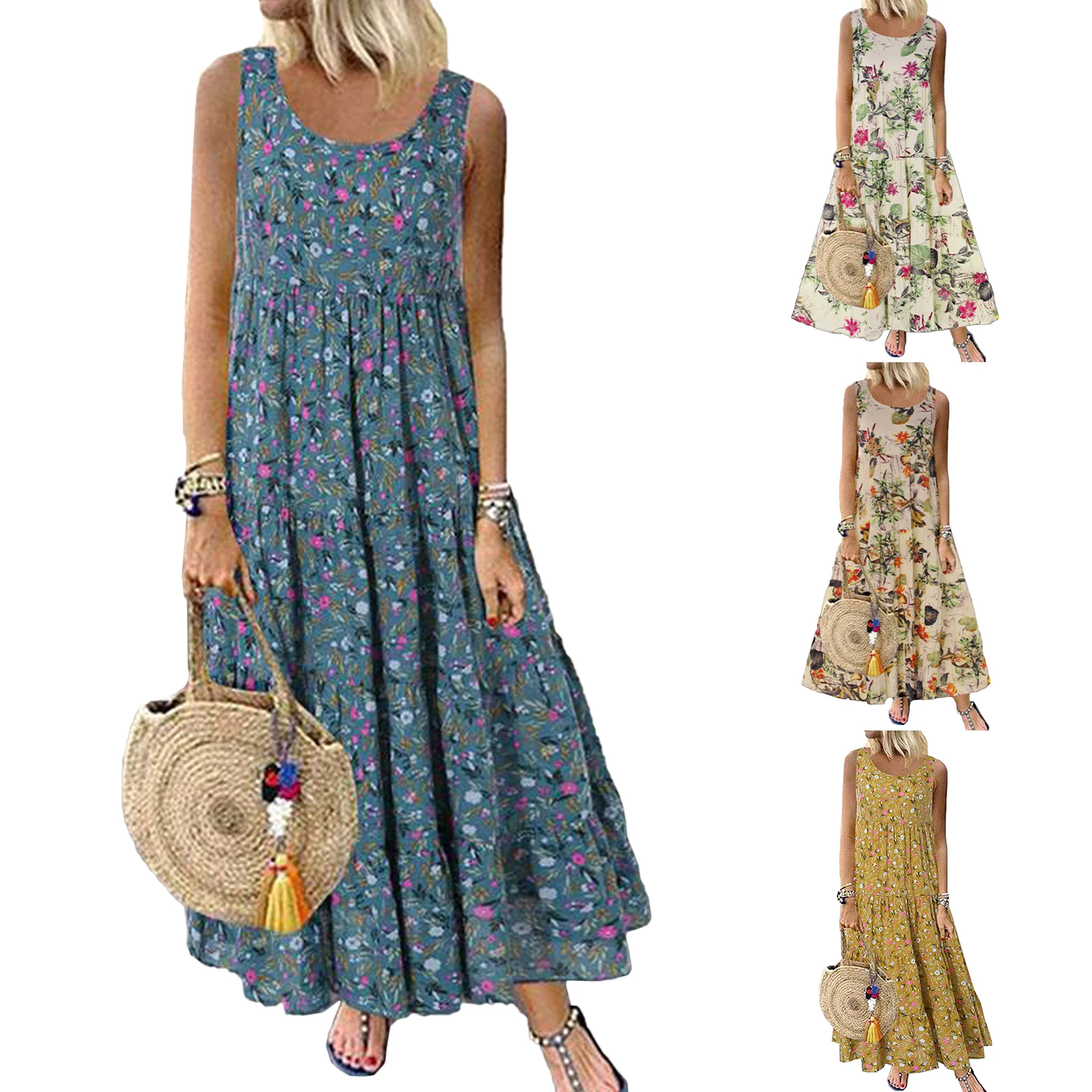 Summer Sleeveless Sundress Round Neck Floral Print Holiday Beach Dress Ruffle Large Swing European Fashion for Weekend Vacation
Summer Sleeveless Sundress Round Neck Floral Print Holiday Beach Dress Ruffle Large Swing European Fashion for Weekend Vacation