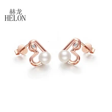 HELON Moissanite Earring Solid 18K 14k 10k Rose Gold Genuine White FreshWater Pearl Stud Earrings Women Heart shaped Jewelry