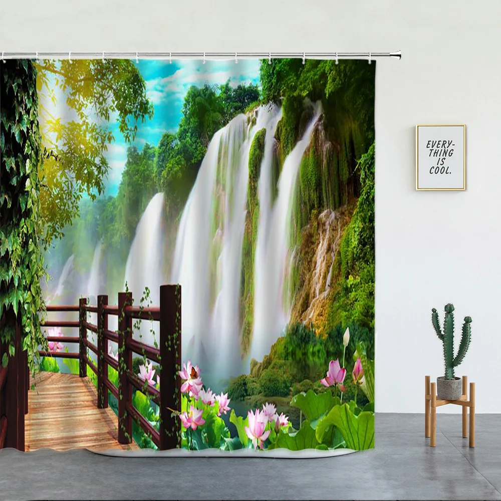 

Tropical Rainforest Landscape Shower Curtains Forest Waterfall Beautiful Natural Scenery Luxury Bathroom Decor Screen With Hooks