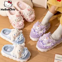 Sanrio Kawaii Hello Kitty Kuromi Plush Slippers Women Winter Indoor Home Thick Sole Warm Shoes Sweet Cute Cartoon Slippers 2023