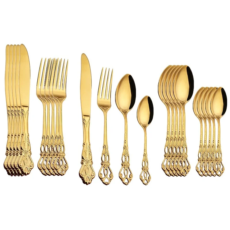 24pcs Cutlery Set Gold Dinnerware Royal Steak Coffee Spoon Forks Knives Kitchen Western Dinner Silverware Teaspoons Tableware
24pcs Cutlery Set Gold Dinnerware Royal Steak Coffee Spoon Forks Knives Kitchen Western Dinner Silverware Teaspoons Tableware