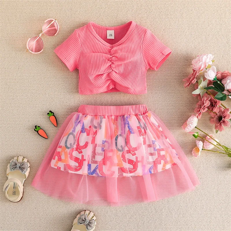 

Летний комплект для маленьких девочек, розовая плиссированная футболка с коротким рукавом и юбка из тюля с буквенным принтом, модная Милая ...