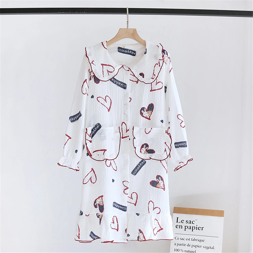

2022 New Summer Nightdress Ladies Spring And Autumn Cotton Crepe Cloth Homewear Loose Sweet Print Long-Sleeved Pajamas Dress