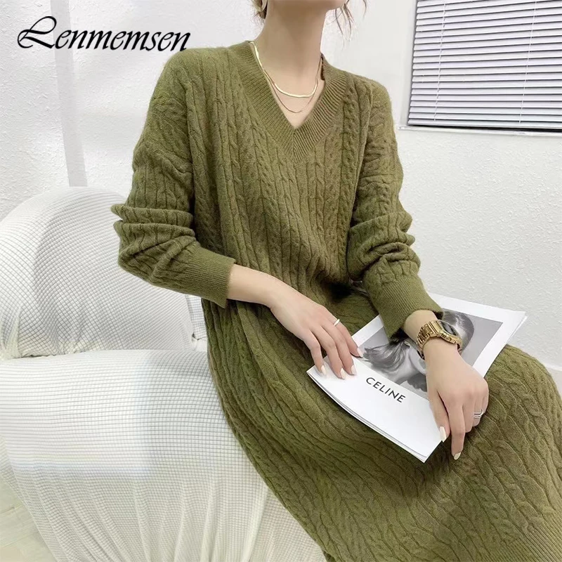 Lenmemsen Elegant Knitted Dresses Women Winter Casual Loose V-neck Long Sleeve Solid Dress Female Korean Screw Thread Base Dress
Lenmemsen Elegant Knitted Dresses Women Winter Casual Loose V-neck Long Sleeve Solid Dress Female Korean Screw Thread Base Dress