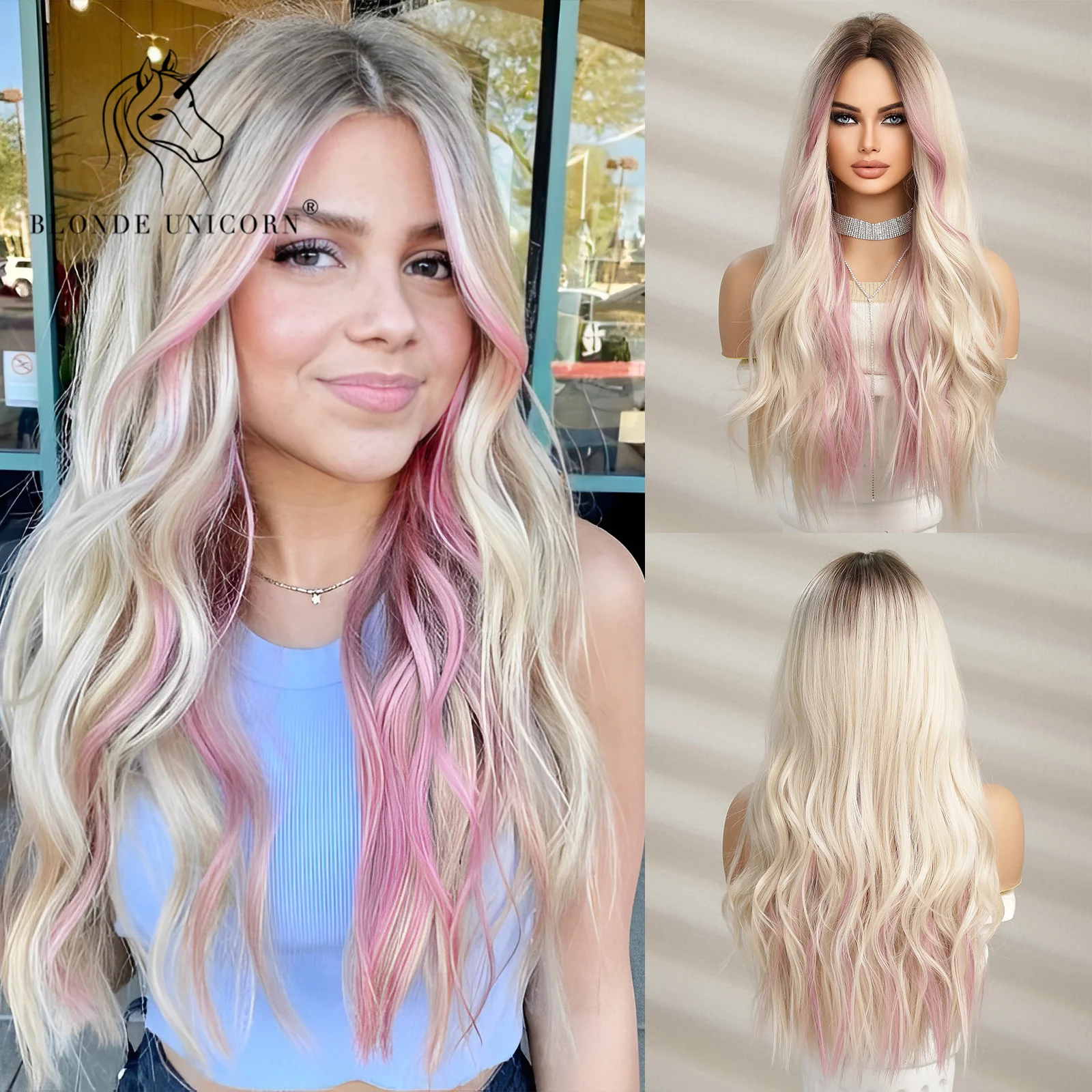 

Blonde Unicorn Synthetic Ombre Brown Mixed Pink Blond Long Wavy Wigs with Bangs Cosplay Party UseHeat Resistant Fiber for Women