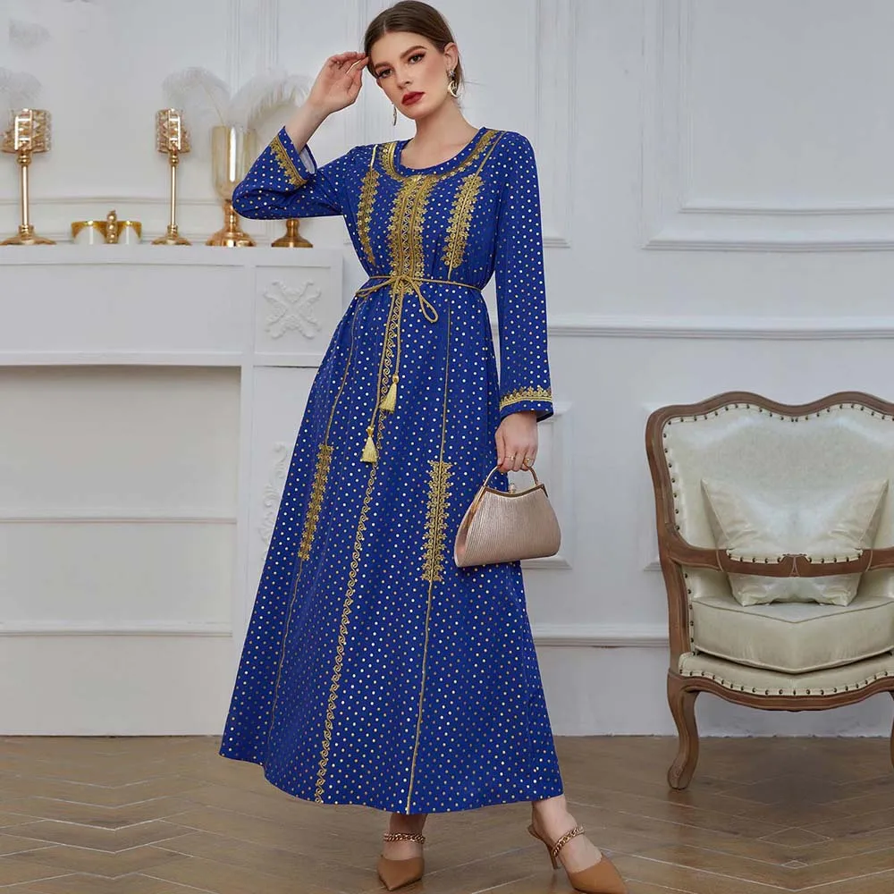 Muslim Dress Women Ramadan Gold Thread Embroidery Fashion Polka Dot Print Lace-up Ethnic Dress Elegant Vintage Banquet Dresses
Muslim Dress Women Ramadan Gold Thread Embroidery Fashion Polka Dot Print Lace-up Ethnic Dress Elegant Vintage Banquet Dresses