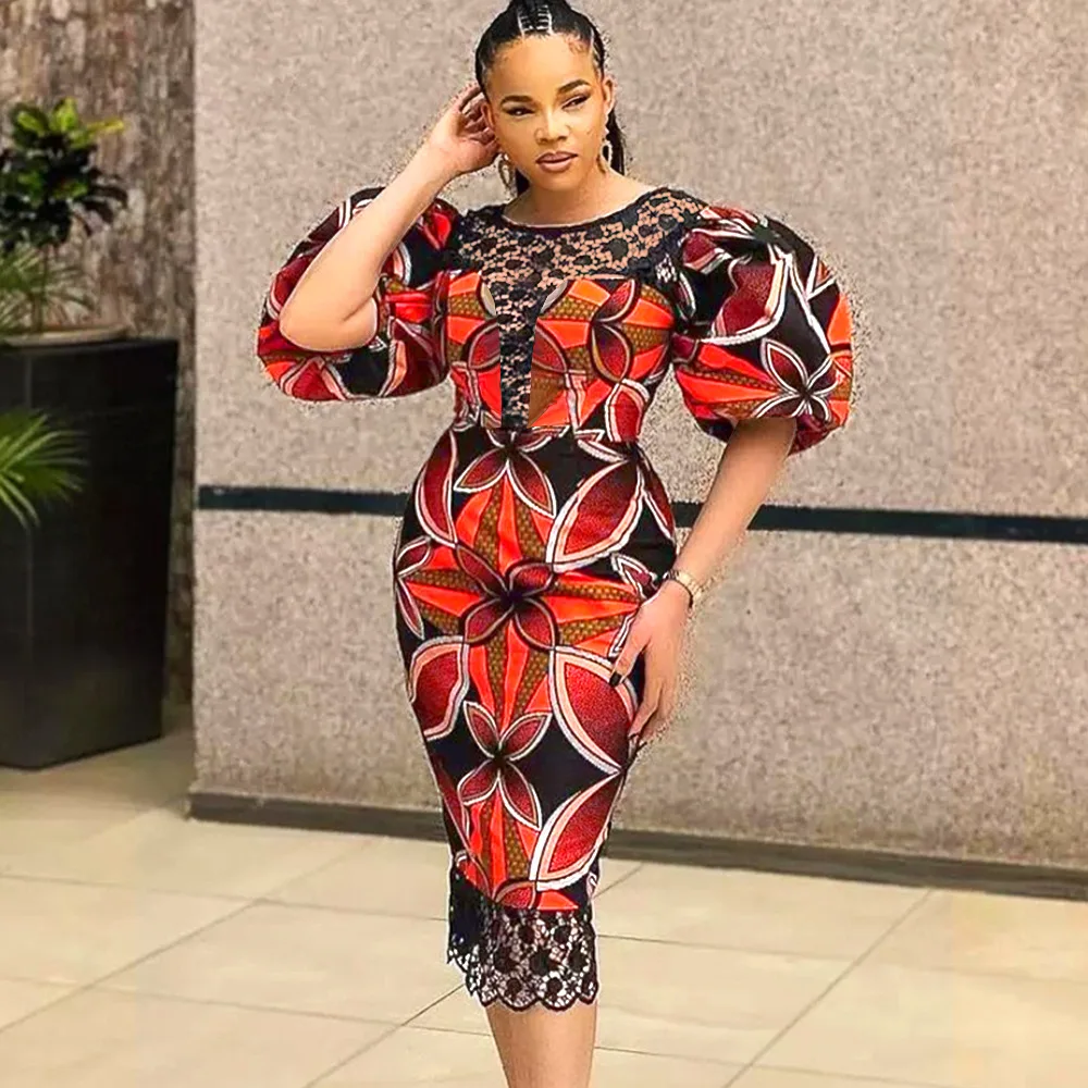 See Through Lace Patchwork Vintage Printed Floral Pencil Dress Short Lantern Sleeve O Neck Hgih Waist Slim Bodycon African Dress
See Through Lace Patchwork Vintage Printed Floral Pencil Dress Short Lantern Sleeve O Neck Hgih Waist Slim Bodycon African Dress