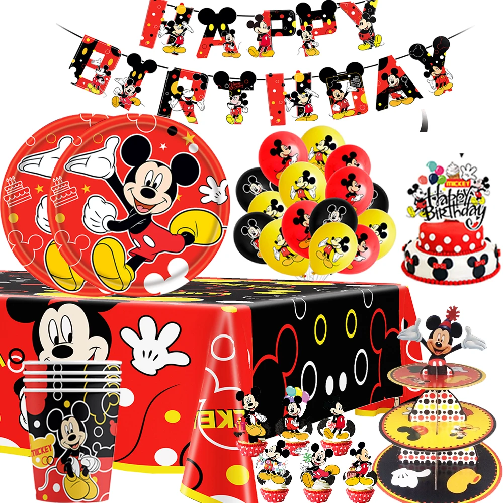 

Набор одноразовой посуды для мальчиков, украшение для дня рождения с Микки Маусом, чашки, тарелки, скатерть, воздушный шар, праздничные принадлежности для будущей мамы