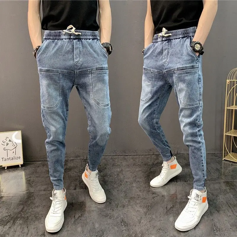 

Fashion 2022 Spring Autumn Drawstring Stitching Pocket Denim Jeans Men Korean Harem Pants Spirit Guy Cowboy Blue Harem Pants Men