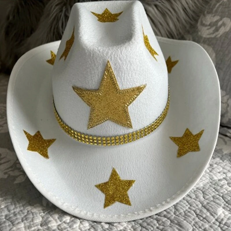 

Handmade Wedding Party Sequin Star Pattern Cowgirl Hat with Large Brim Bridal Western Shinning White Fedora Hat Sunproof