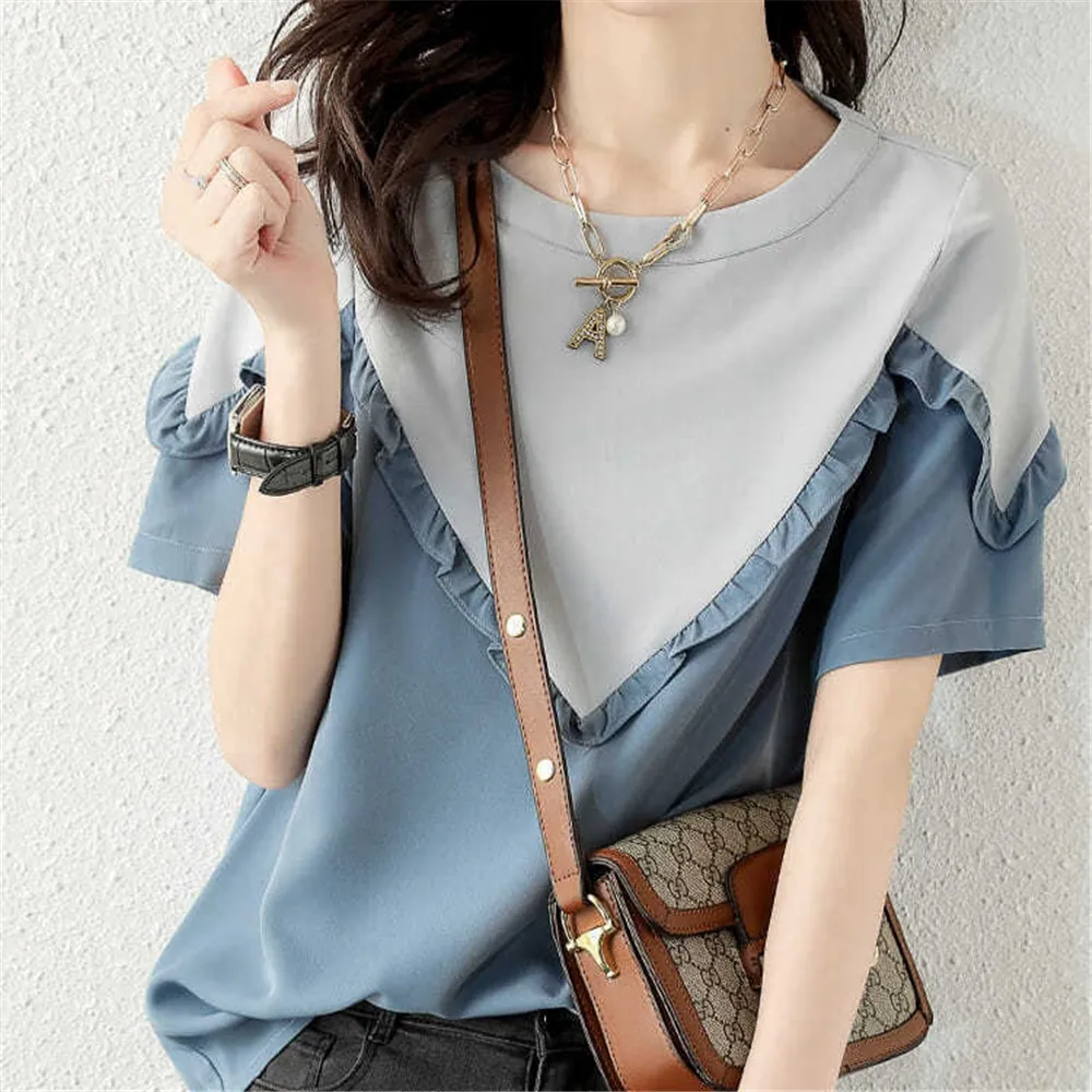 Women T-shirt Fashionable Design Round Neck Korean Version Short-sleeved Contrast Color Casual Shirt Loose Stitching T-shirt
Women T-shirt Fashionable Design Round Neck Korean Version Short-sleeved Contrast Color Casual Shirt Loose Stitching T-shirt