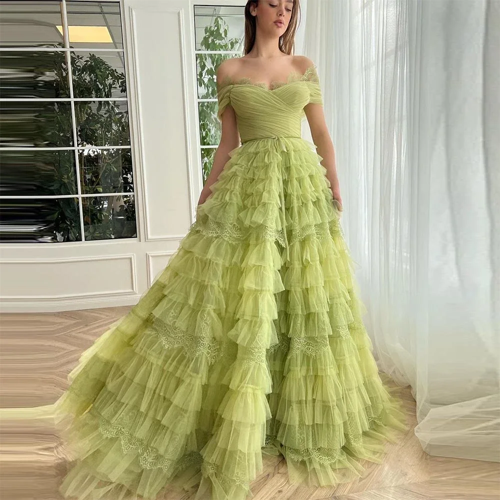 2023 Green Elegant Prom Dress A Line Sexy Off Shoulder Princess Lace Neckline Party Dress Pleated Ruffles Tulle Formal Maxi Gown
2023 Green Elegant Prom Dress A Line Sexy Off Shoulder Princess Lace Neckline Party Dress Pleated Ruffles Tulle Formal Maxi Gown