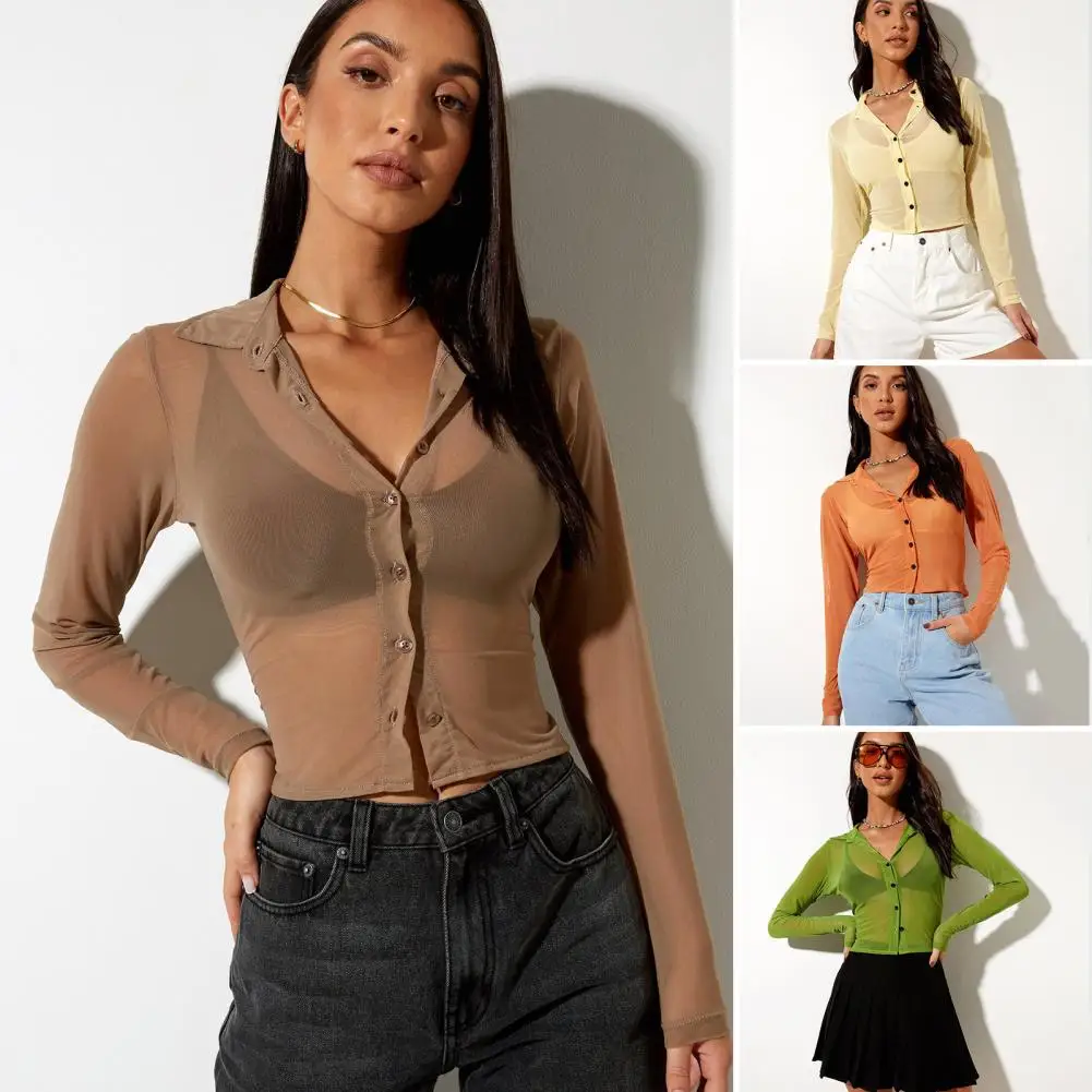 Turn-Down Collar Long Sleeve Buttons Placket Mesh Cardigan Summer See-through Navel Exposed Cardigan Shirt Top Daily Clothing
Turn-Down Collar Long Sleeve Buttons Placket Mesh Cardigan Summer See-through Navel Exposed Cardigan Shirt Top Daily Clothing