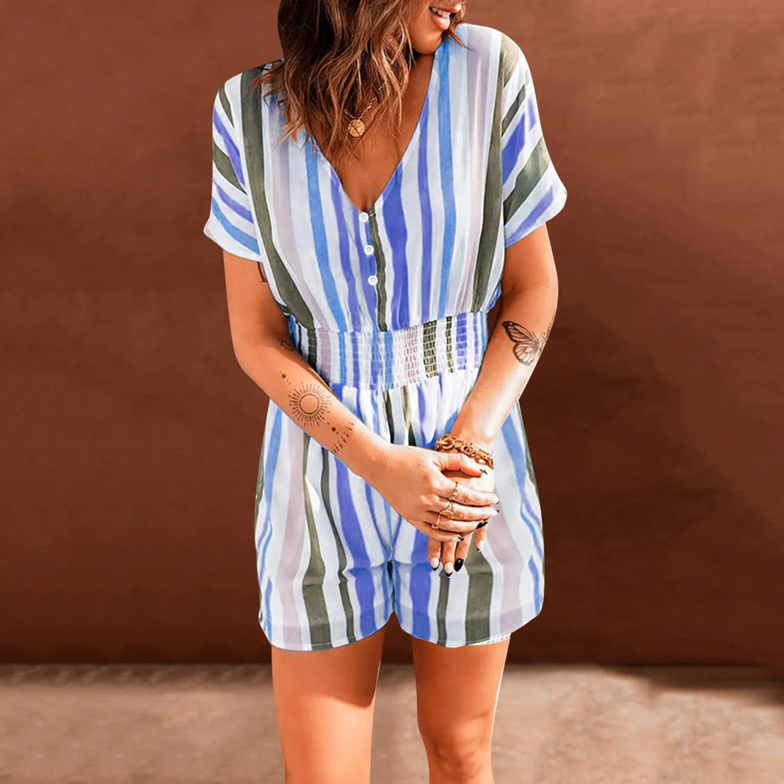 Womens Summer Fashion Elastic Waist Striped Print V Neck Button Short Sleeve Jumpsuit Women Body Romper for Women Casual
Womens Summer Fashion Elastic Waist Striped Print V Neck Button Short Sleeve Jumpsuit Women Body Romper for Women Casual