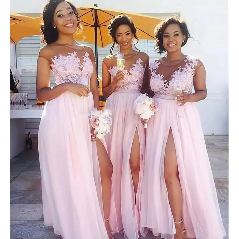 Boho Blush Pink Bridesmaid Dress Sexy Chiffon Side High Split Floor Length A-Line Wedding Guest Gown Illusion Lace Appliques Top
Boho Blush Pink Bridesmaid Dress Sexy Chiffon Side High Split Floor Length A-Line Wedding Guest Gown Illusion Lace Appliques Top