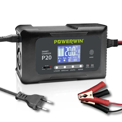 POWERWIN P20 20A 12V20A 24V10A Смарт-зарядное устройство для аккумулятора, автоматический импульсный ремонт, ЖК-дисплей для LiFePO4 AGM, свинцово-кислотный литий-ионный аккумулятор BT100 BT200