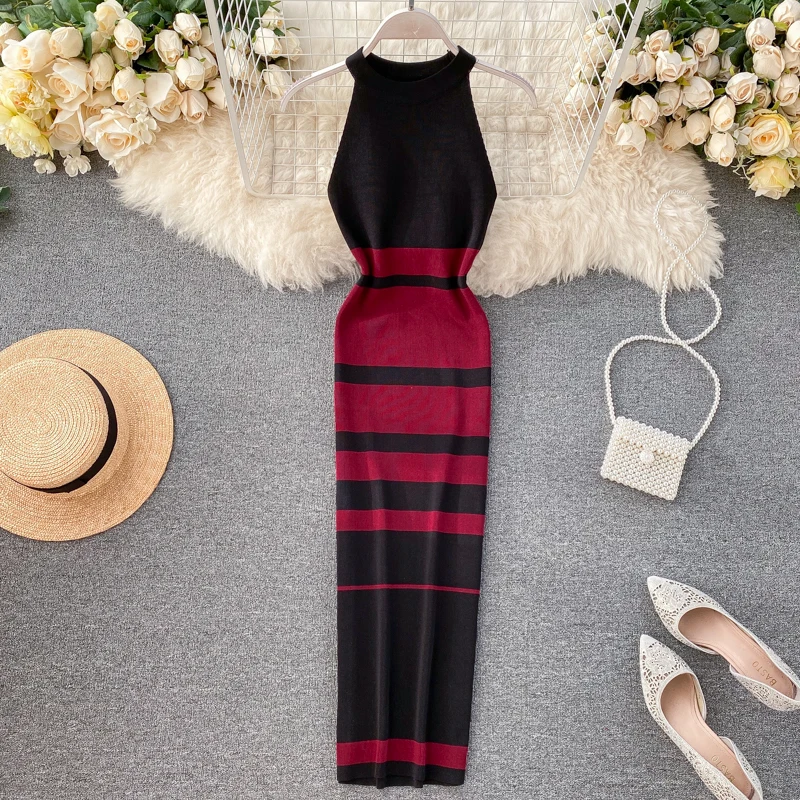 Slim Halter Neck sexy Summer striped print Knitted Bodycon Long Dress tank patchwork Women Casual Party tunic elastic Vestidos
Slim Halter Neck sexy Summer striped print Knitted Bodycon Long Dress tank patchwork Women Casual Party tunic elastic Vestidos