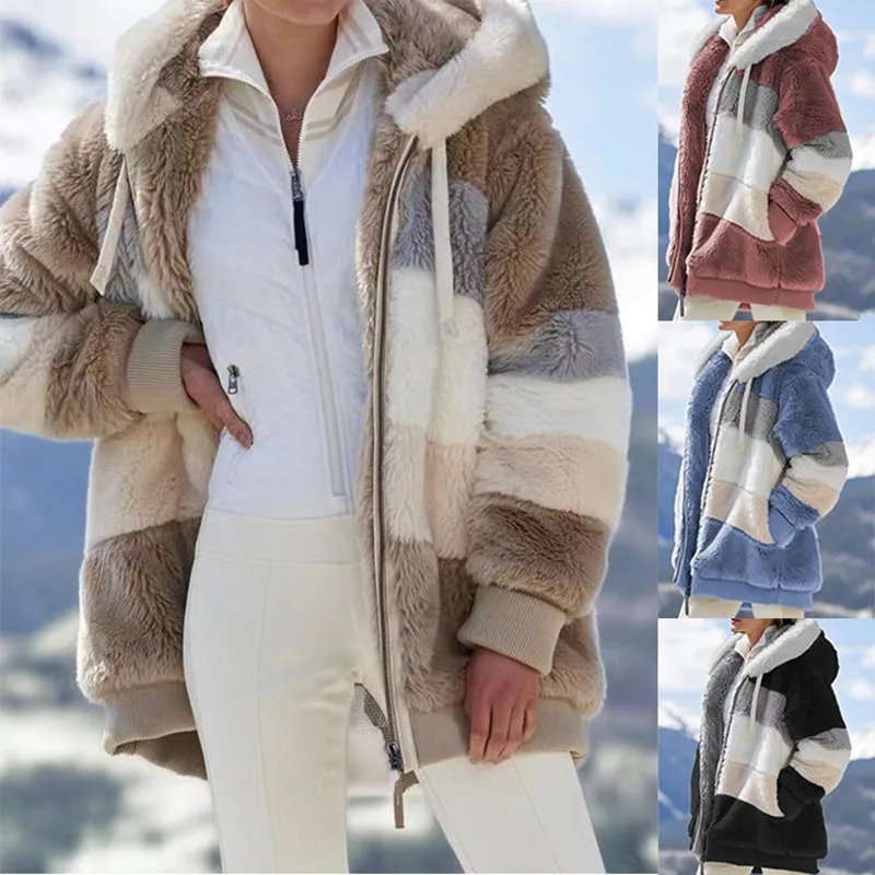 2022 Autumn Winter Faux Fur Women's Coat Warm Plush Patchwork Zipper Pocket Hooded Loose Patchwork Striped Coat Women Jacket
2022 Autumn Winter Faux Fur Women's Coat Warm Plush Patchwork Zipper Pocket Hooded Loose Patchwork Striped Coat Women Jacket