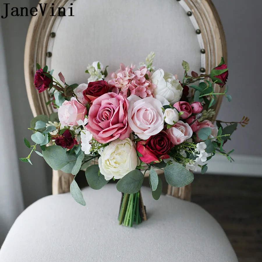 

2023 искусственные цветы для свадьбы свадебные букеты, пыльный розовый цветок, роза, шелковые невесты, держатель для рук, цветок эвкалипта, ви...
