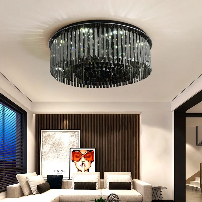 

Современная хрустальная люстра для потолка, роскошные круглые дымчато-серые хрустальные лампы, для спальни, гостиной, декоративные осветительные приборы со штативом