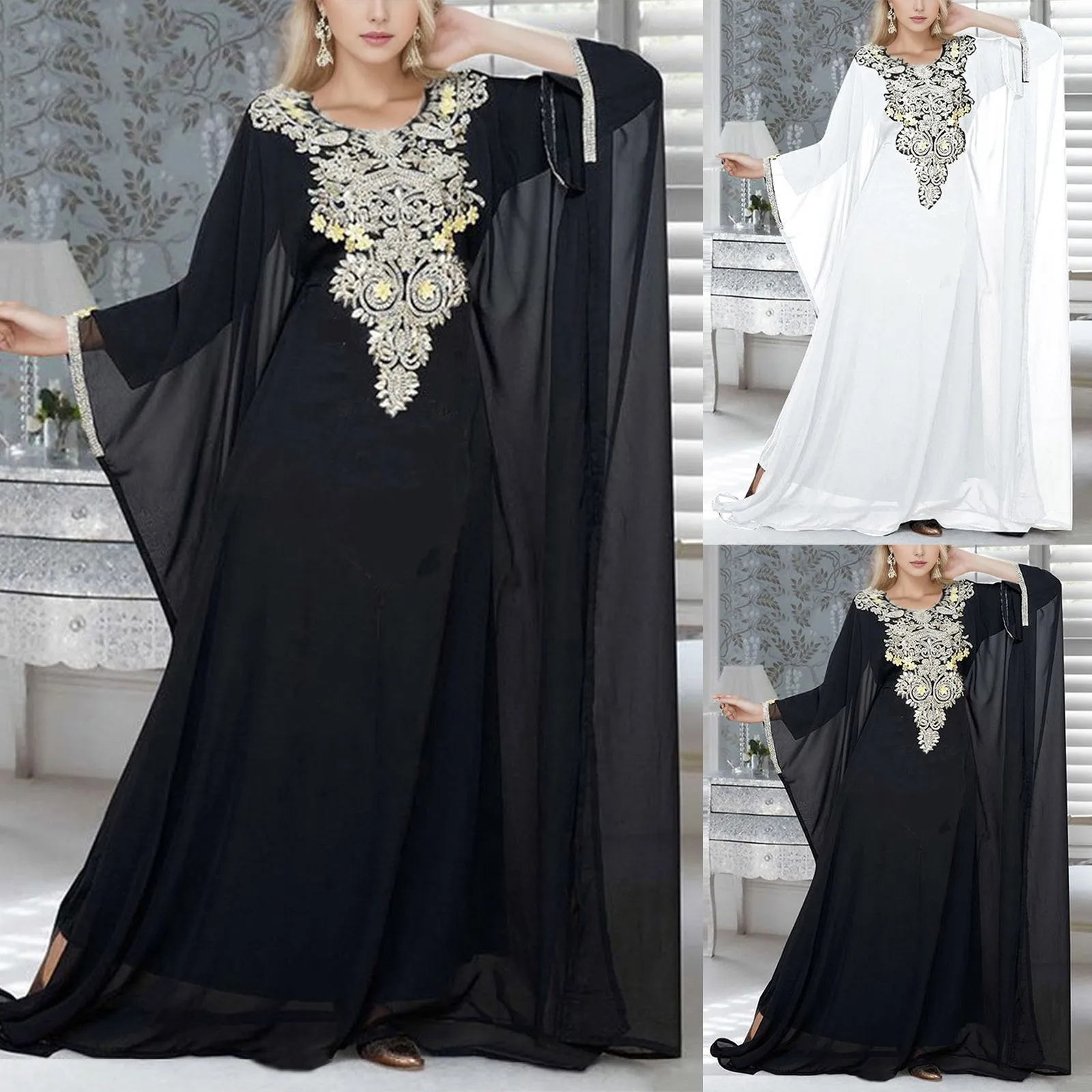 European And American Women's Middle Muslim Loose Robe Heavy Industry Embroidery Stitching Collar Flower Rose Formal Dresses
European And American Women's Middle Muslim Loose Robe Heavy Industry Embroidery Stitching Collar Flower Rose Formal Dresses