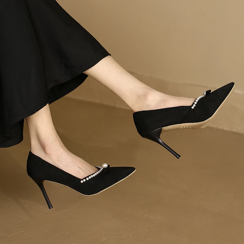 Женские туфли на высоком каблуке-шпильке, черные туфли с острым носком и жемчугом, весна-осень 2022 
Женские туфли на высоком каблуке-шпильке, черные туфли с острым носком и жемчугом, весна-осень 2022