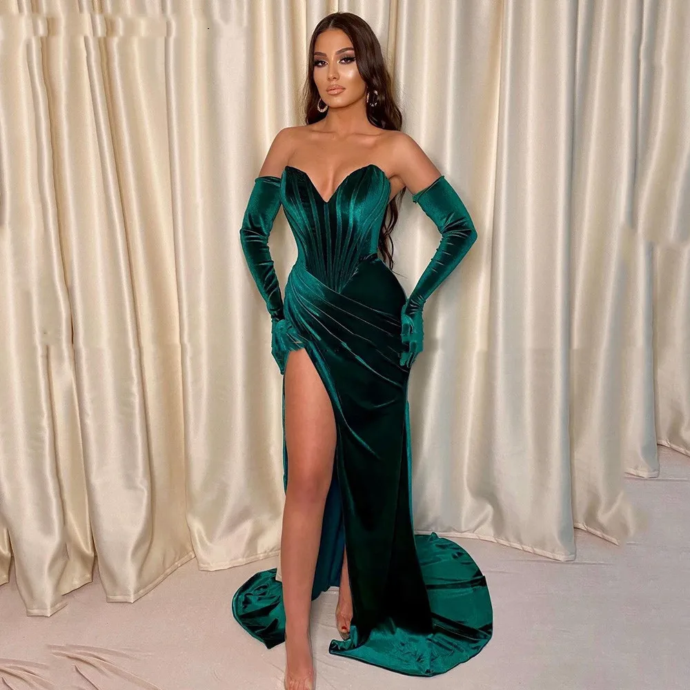 

2022 Emerald Green Velour Prom Dress High Slit Party Dress Mermaid Winter Black Velvet Evening Gown Robe de Soiree