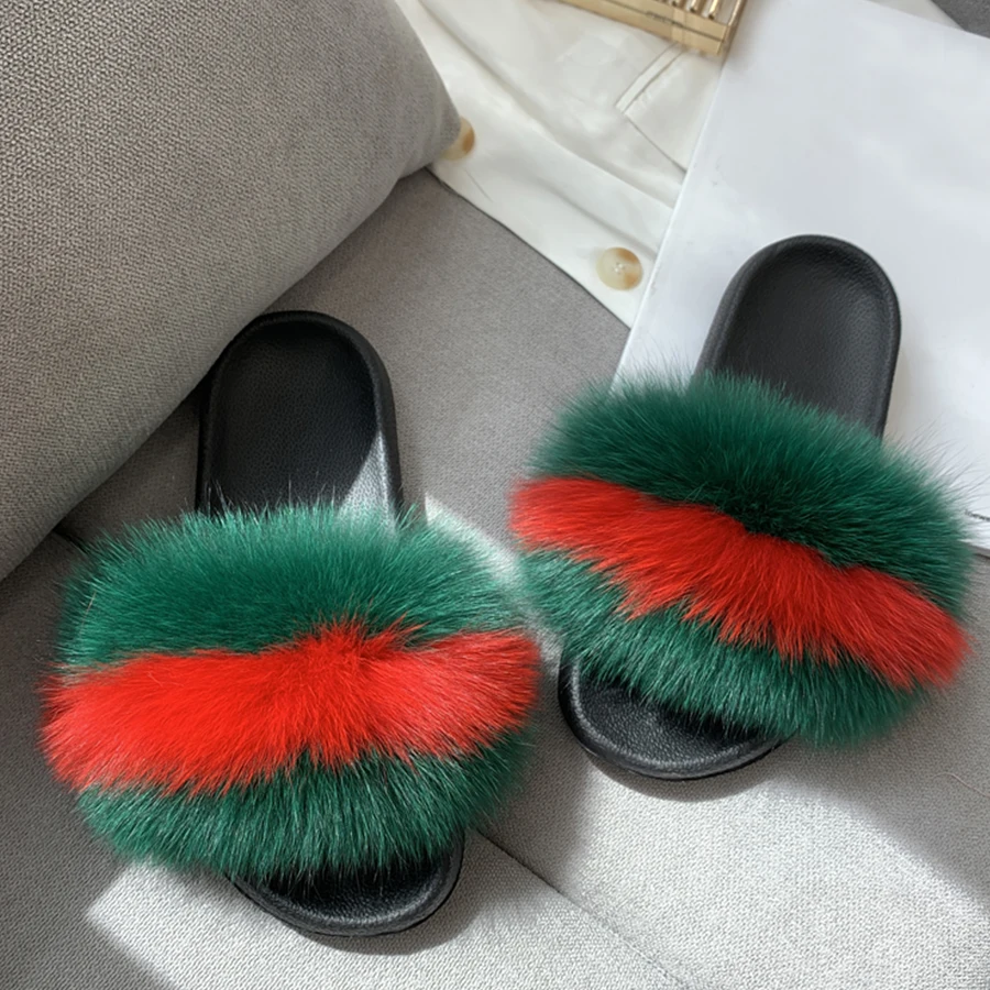 

Real fox Fur Slippers Women Home Fluffy Sliders Comfort Furry Summer Flats Sweet Ladies Shoes Female Furry Indoor Flip Flops