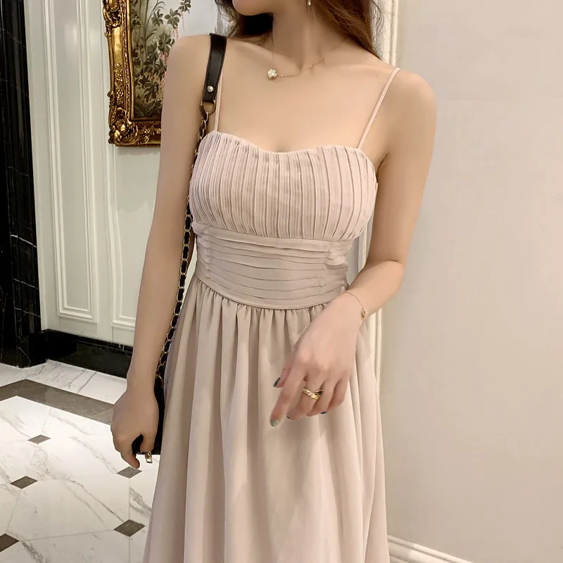 

Women Summer Chiffon Fairy Apricot Dress Sleevess Soild Slim Body Dresses High Waist Pleated Spaghetti Strap Mid-length Dress