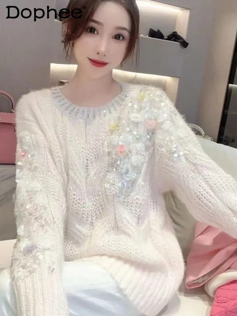 Heavy Industry Rhinestone Sequins Flower Knitted Jumper Women Round Neck Long Sleeve Loose White Sweater Autumn Winter Sweaters
Heavy Industry Rhinestone Sequins Flower Knitted Jumper Women Round Neck Long Sleeve Loose White Sweater Autumn Winter Sweaters