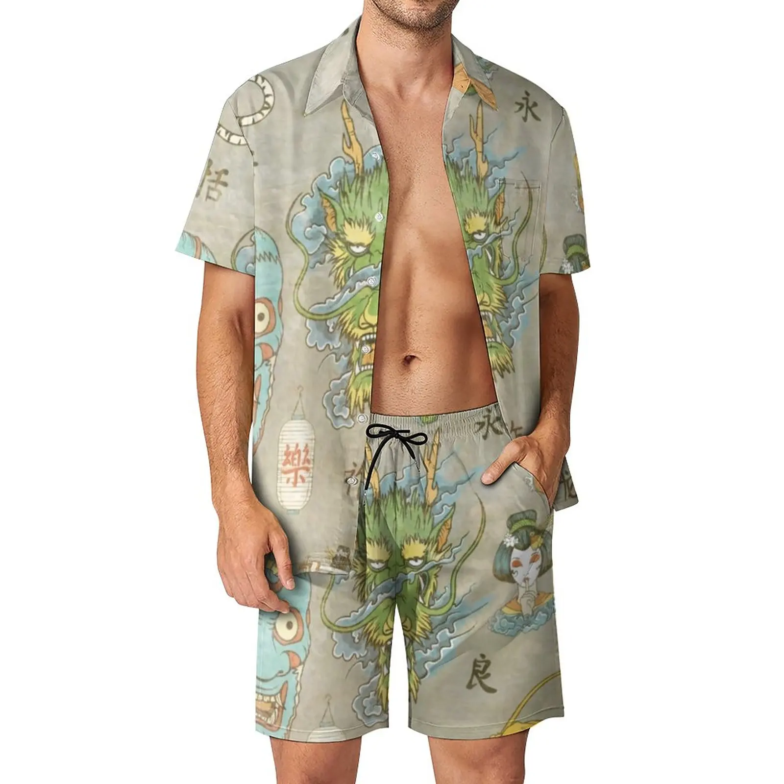 Japanese Anime Men Sets Geisha And Dragon Casual Shirt Set Hawaii Beachwear Shorts Summer Suit Two-piece Plus Size
Japanese Anime Men Sets Geisha And Dragon Casual Shirt Set Hawaii Beachwear Shorts Summer Suit Two-piece Plus Size