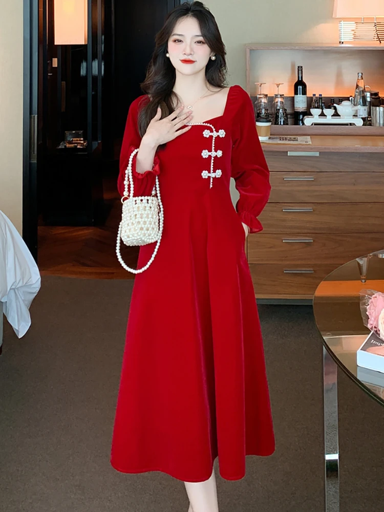 

Женское бархатное платье миди с квадратным вырезом, красное винтажное платье в стиле Хепберн с бусинами, элегантное роскошное платье в Корейском стиле, Осень-зима 2023