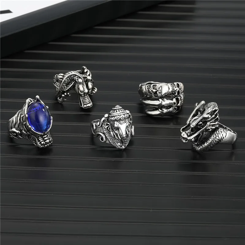 Gothic Punk Dragon Skull Ring Men's Retro Ethnic Personality Blue Beads Elephant Animal Skull Claw Men's Ring Jewelry Wholesale
Gothic Punk Dragon Skull Ring Men's Retro Ethnic Personality Blue Beads Elephant Animal Skull Claw Men's Ring Jewelry Wholesale