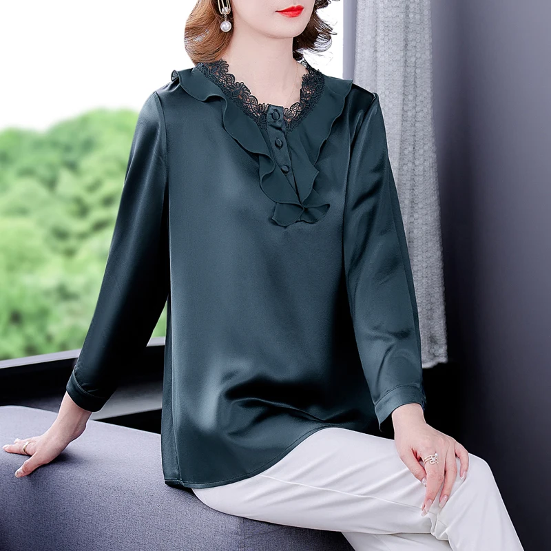 

2022 Spring Summer Acetate Satin Ruffled V-Neck Blouses Women Elegant Bodycon Pullover Shirts Korean Vintage Solid Casual Shirts