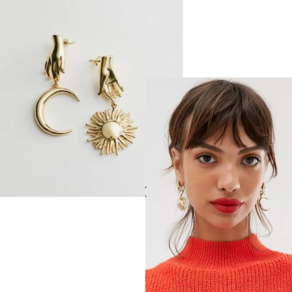 European And American Creative Fun Metal Palm Sun Moon Earrings Personality Asymmetry Exaggerated Fashion Earrings For Women
European And American Creative Fun Metal Palm Sun Moon Earrings Personality Asymmetry Exaggerated Fashion Earrings For Women