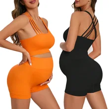 Maternity Seamless Yoga Set Gym Suits Solid Ribbed Sexy Crops Tops Shorts Pregnancy Women Pants 2 Pieces Outfits Premama Workout