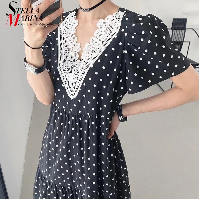 Lace V Neck Short Sleeve New Korean Style Summer Casual Black Brown Long Dress Polka Dots Printed Girls Cute Holiday Robe JA172
Lace V Neck Short Sleeve New Korean Style Summer Casual Black Brown Long Dress Polka Dots Printed Girls Cute Holiday Robe JA172