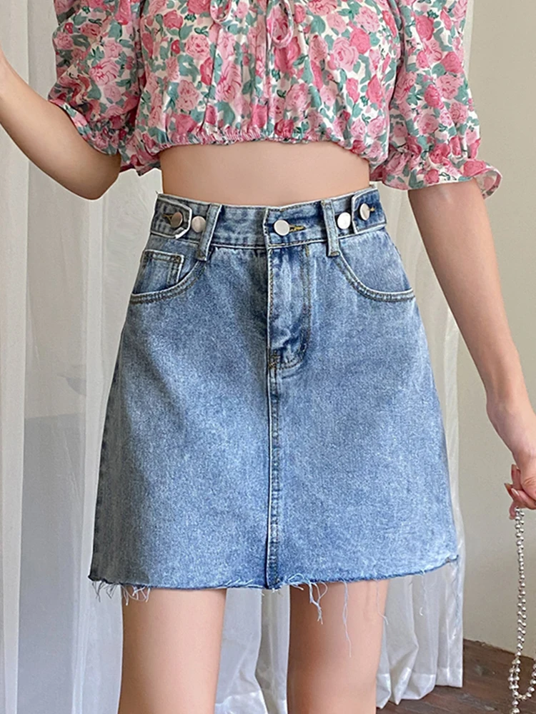 

Ailegogo New Spring Summer Women High Waist Frayed Raw Hem Blue Mini Denim Skirt Streetwear Female Button A-line Jeans Skirts