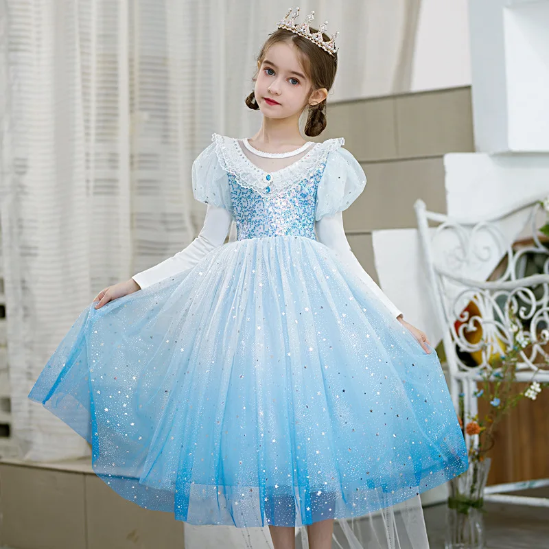 

Gradient Elsa Princess Costumes Frozen Girls Elegant Puff-sleeve Gauze Skirt Party Cosplay Dress Sequins Pearl Performace Dress