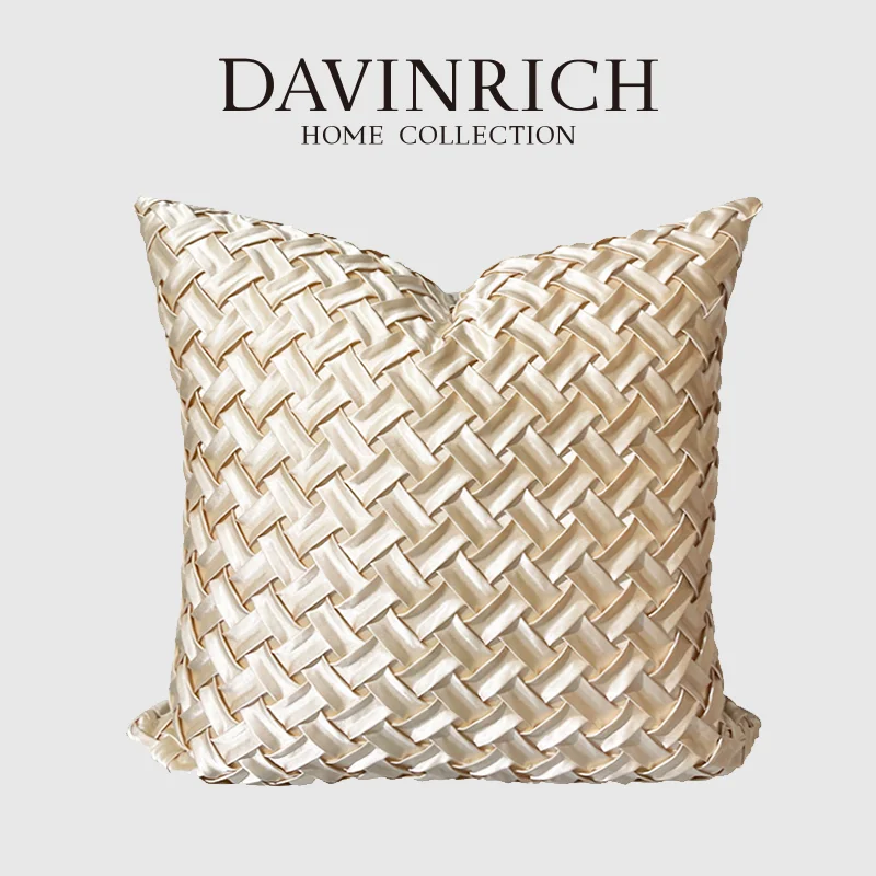 

DAVINRICH Silky Knitting Throw Pillow Cover Handmade Elegant Champagne Beige Modern Luxury Cushion Case 45x45cm Chic Home Decor