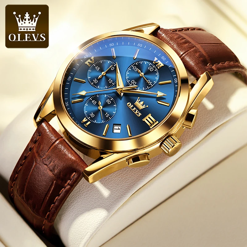OLEVS Luxury Gold Plated Case Fashion Blue Multi Function Dial Chronograph Quartz Watch Mens Watches Luminous Water Resistant
OLEVS Luxury Gold Plated Case Fashion Blue Multi Function Dial Chronograph Quartz Watch Mens Watches Luminous Water Resistant
